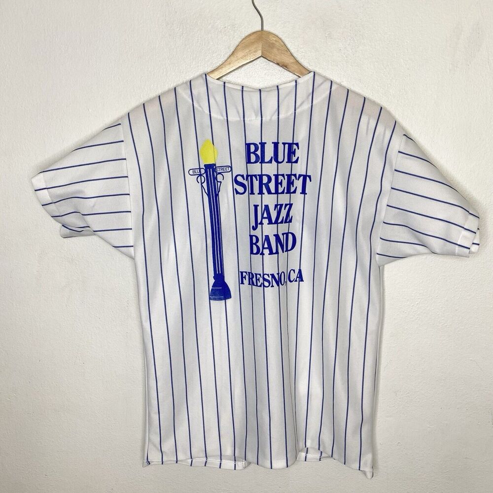 Vintage Blue Street Jazz Band Striped Button Short Sleeve Shirt See Measurements